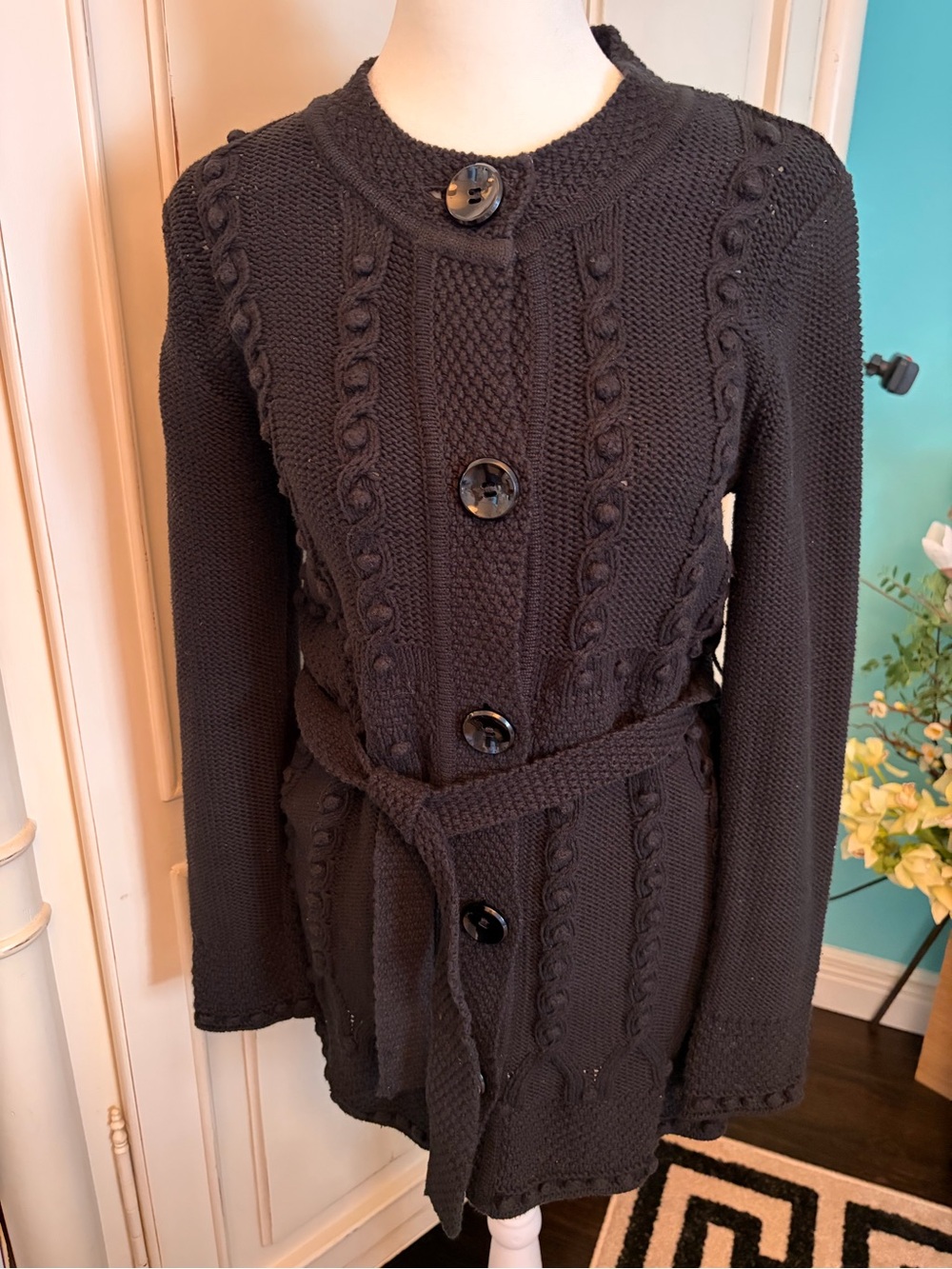 Cynthia Steffe Black Cotton Cable-Knit Belted Women's Sweater Cardigan